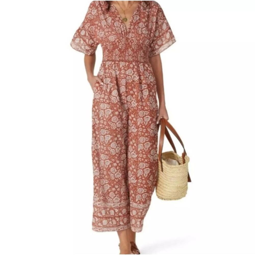 Cleobella Printed Jess Jumpsuit Burnt Orange Cream Floral Women's Size Small